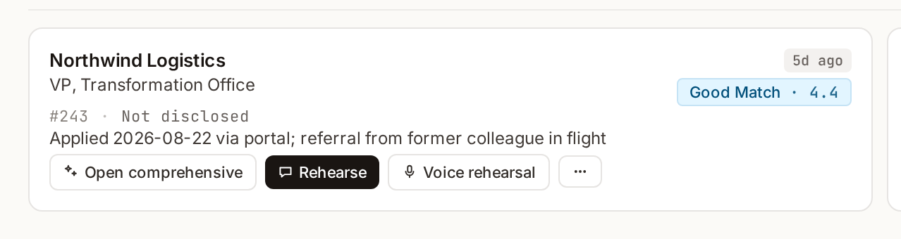 A job card after applying, showing Open comprehensive, Rehearse and Voice rehearsal buttons
