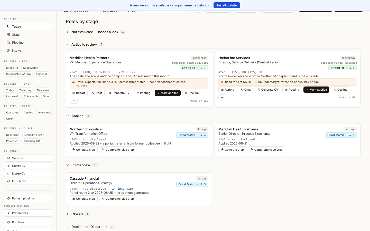 Job cards grouped by stage: active to review, applied, and in interview