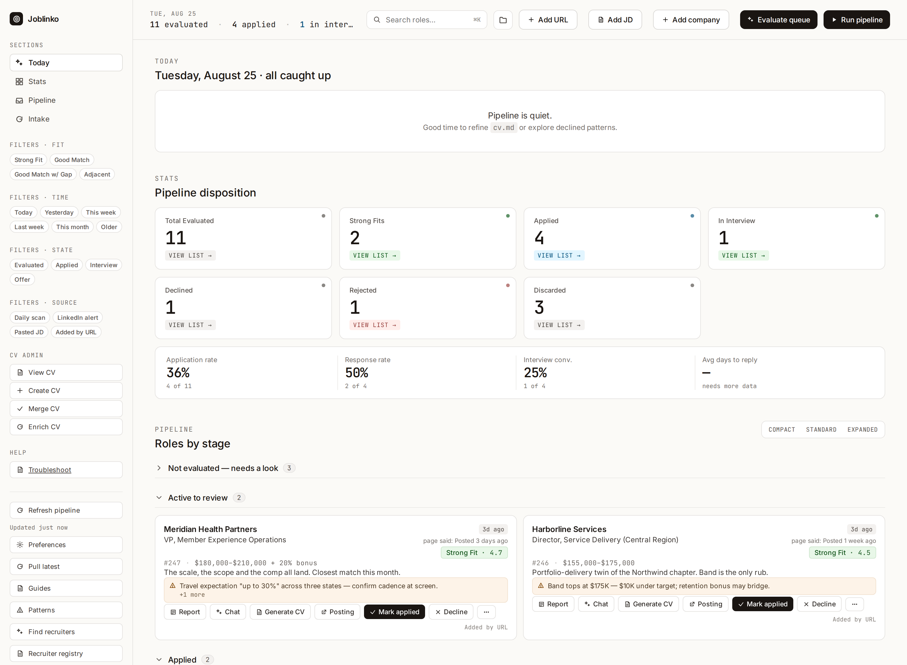 The Joblinko dashboard: sidebar with filters and CV tools, pipeline statistics, and job cards by stage